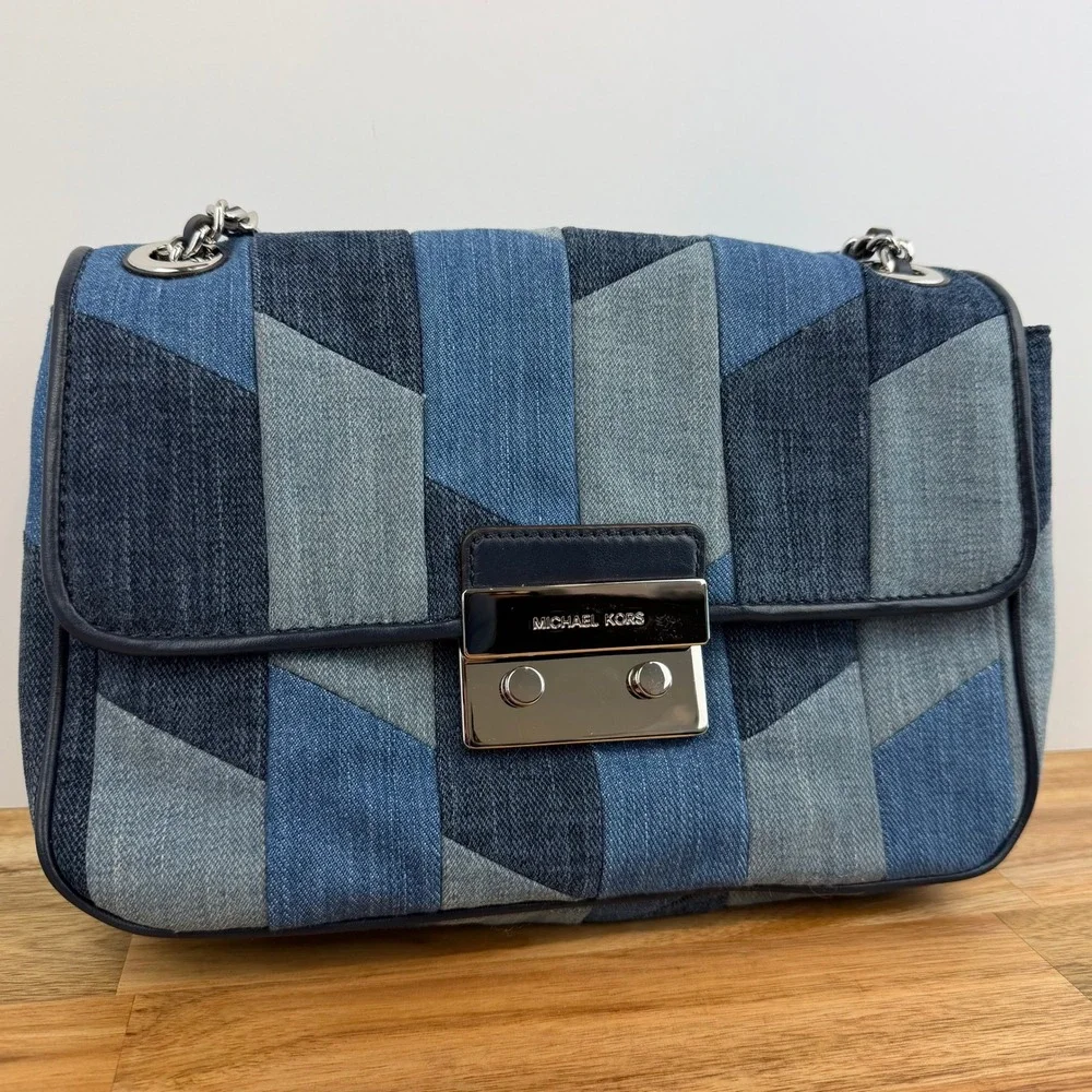 Michael Kors Sloan Denim Patchwork Shoulder Bag Blue Silver Chain Crossbody